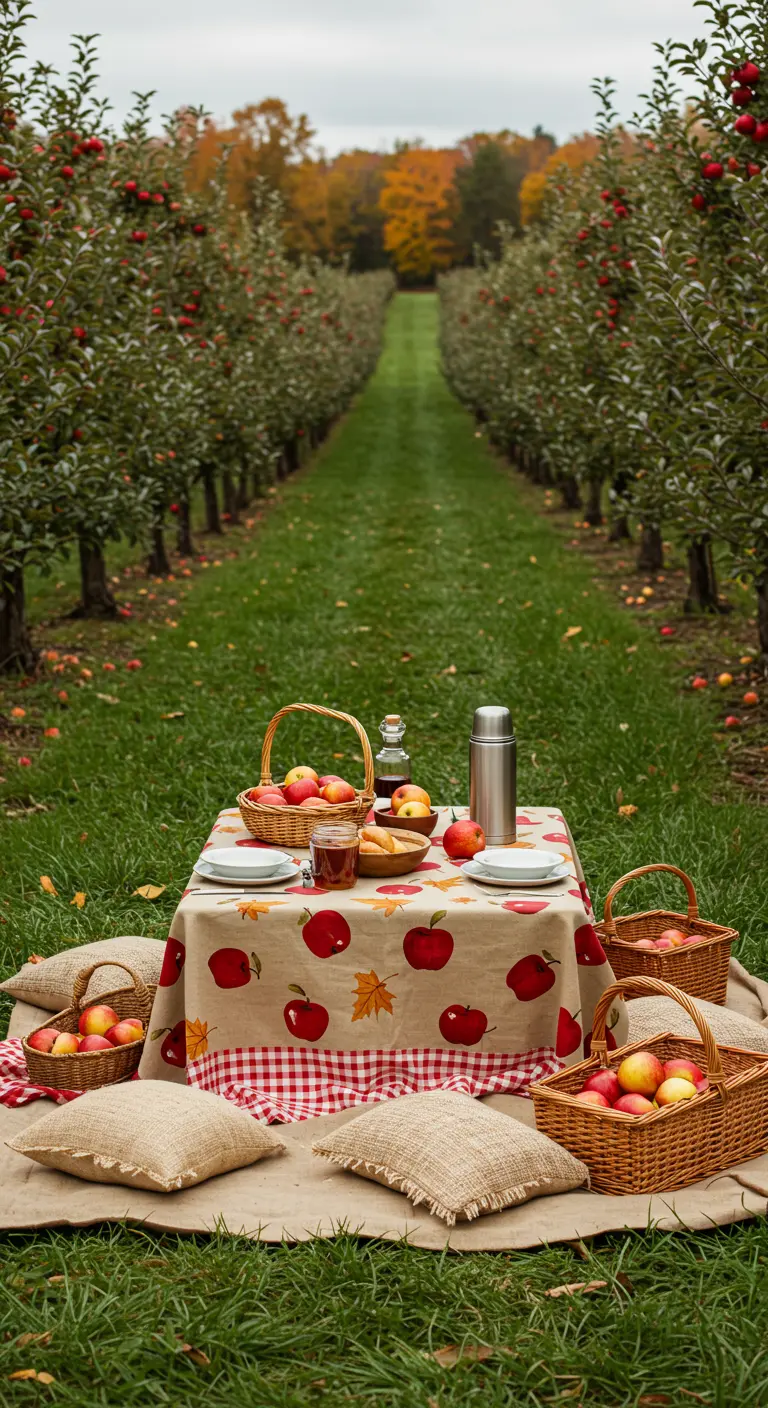 Mantel color crema con manzanas rojas y hojas de arce pintadas, para un picnic en un huerto.
