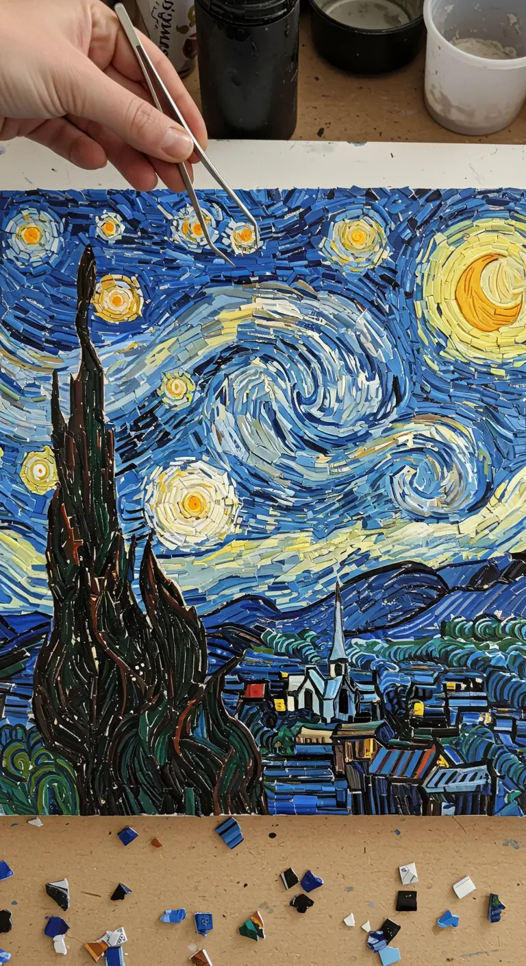 Recreación de 'La noche estrellada' de Van Gogh con pequeños trozos de papel enrollado.