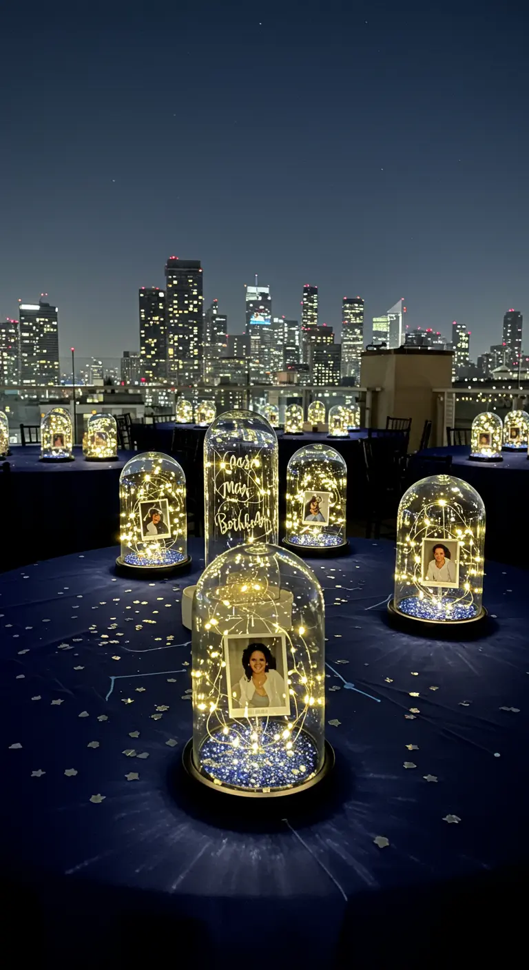 Mesas en una azotea de noche con fotos dentro de cúpulas de cristal llenas de luces de hadas.