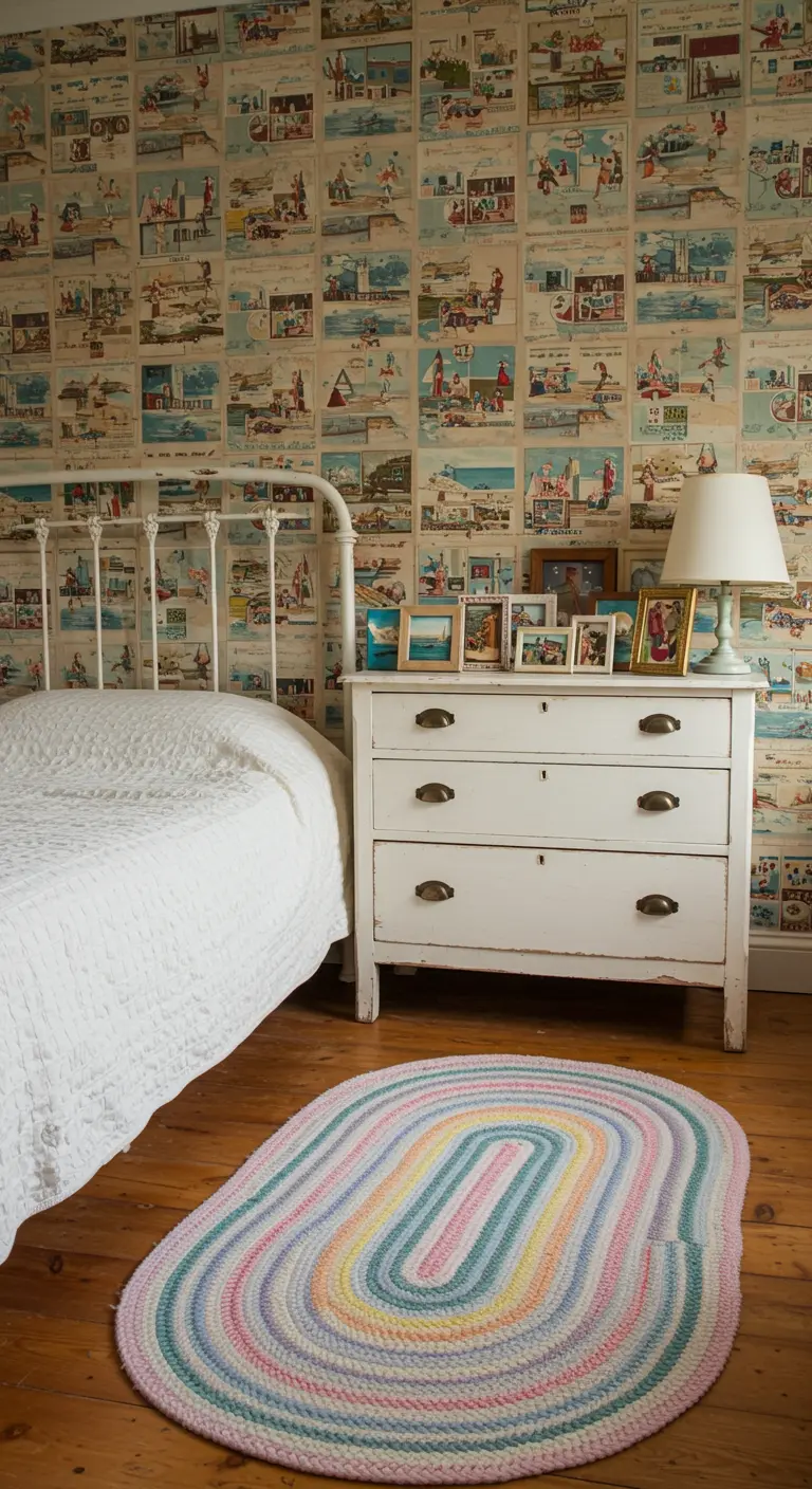 Dormitorio vintage con papel pintado de postales de playa y muebles blancos desgastados.