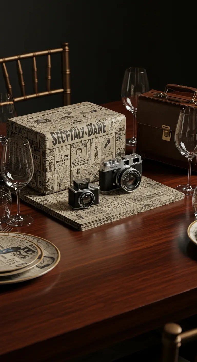 Centro de mesa con cámaras vintage y una caja envuelta en papel de cómic en blanco y negro.