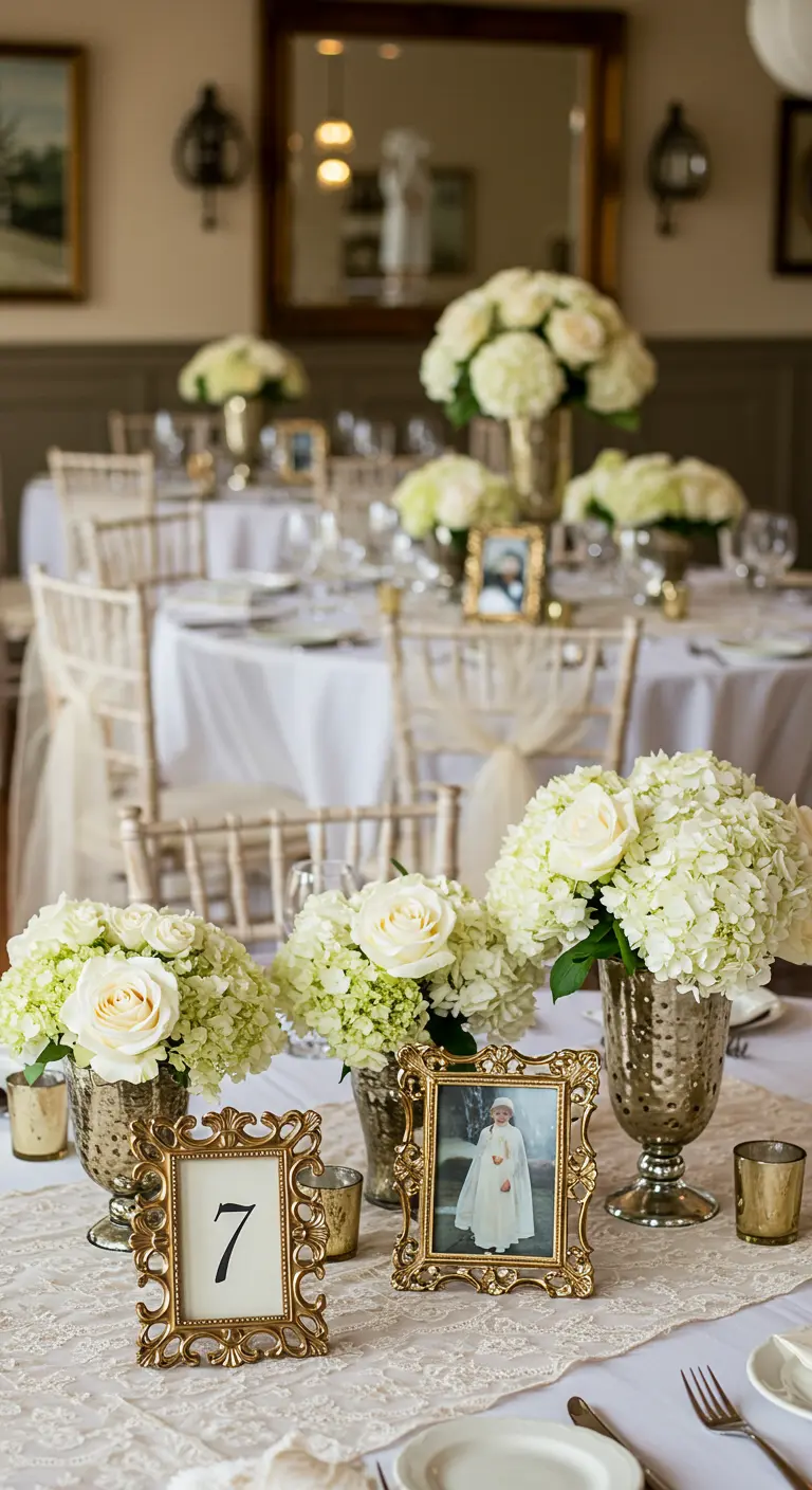Centro de mesa con flores blancas y marcos de fotos dorados de estilo barroco con números de mesa y fotos.