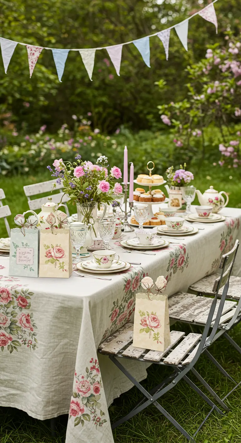 Bolsas de papel con estampado de rosas en una mesa de té en el jardín.