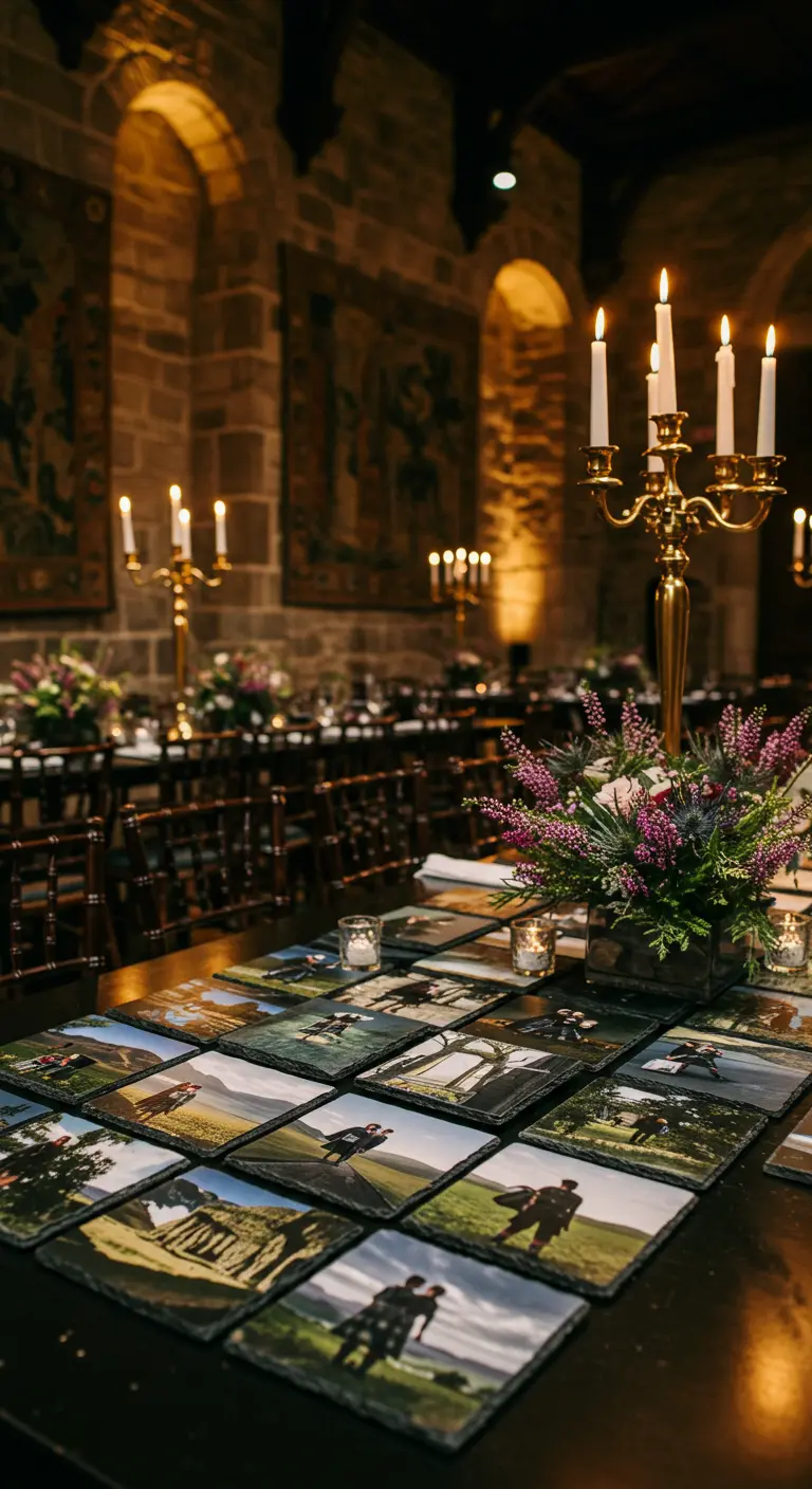 Mosaico de posavasos de pizarra con diferentes fotos de la pareja impresas.