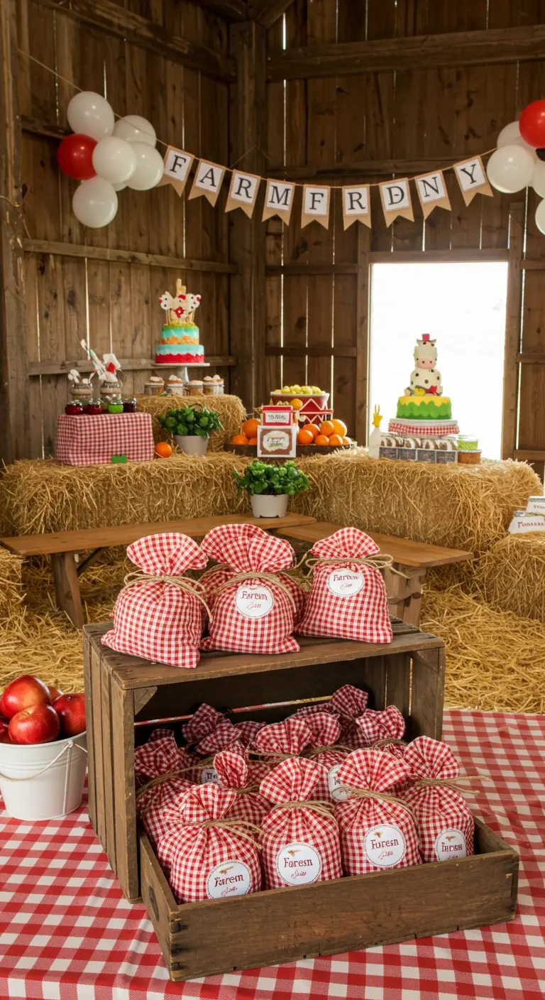 Bolsitas de tela a cuadros rojos y blancos en una caja de madera para fiesta de granja.