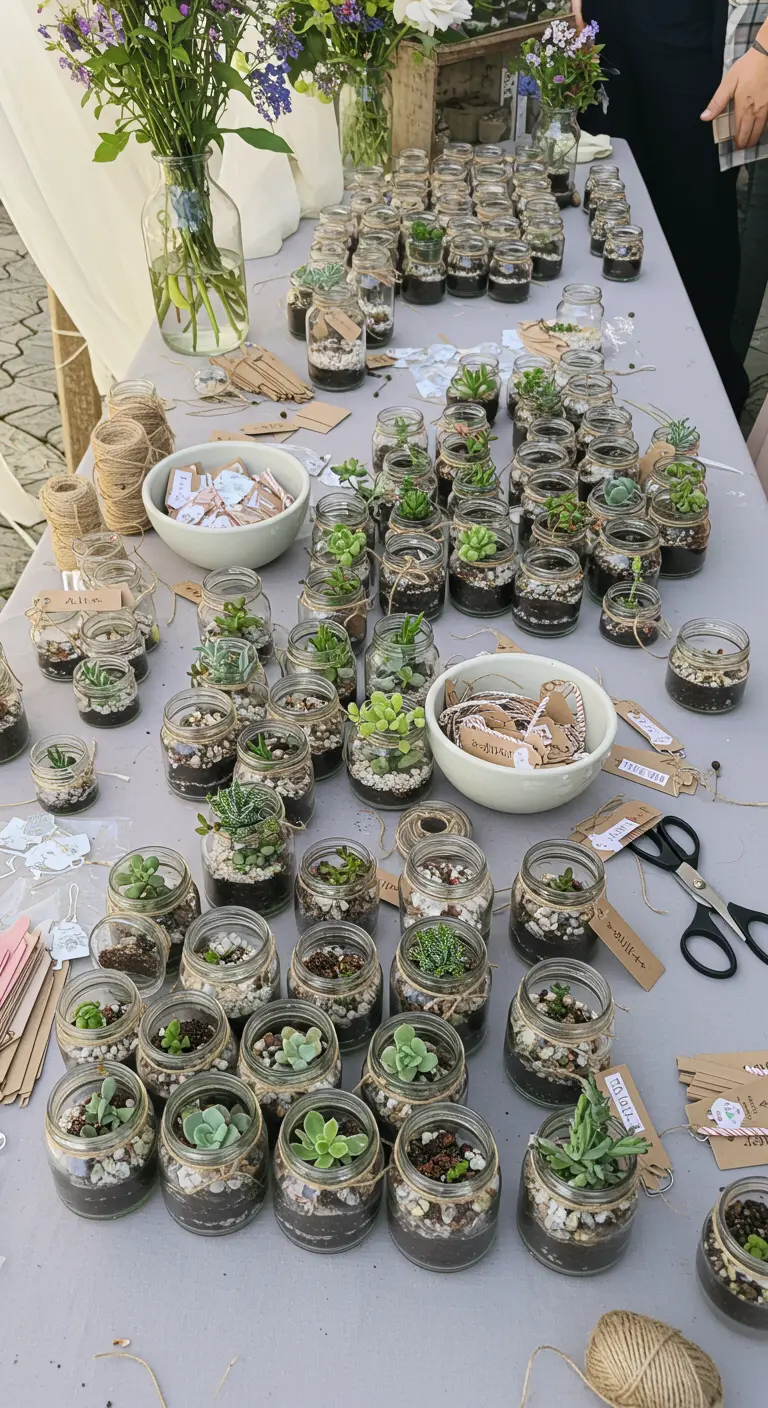 Una mesa llena de pequeños terrarios de suculentas en frascos, preparados como recuerdos para invitados.
