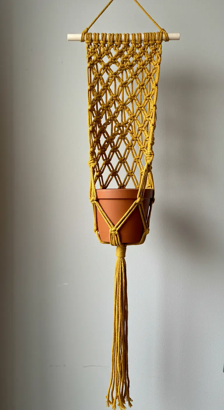 Colgador de macramé de color amarillo mostaza con un diseño de red, sujetando una maceta de terracota.