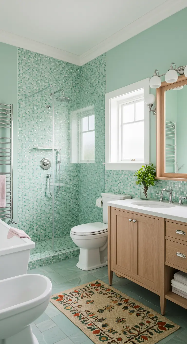 Baño luminoso con ducha revestida de mosaico verde aguamarina y mueble de madera clara.