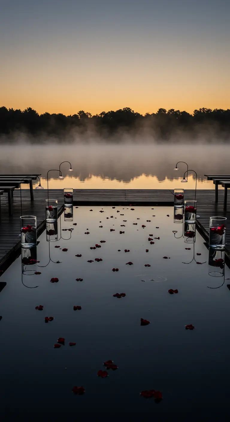 Muelle sobre un lago neblinoso con pétalos rojos esparcidos y reflejándose en el agua.