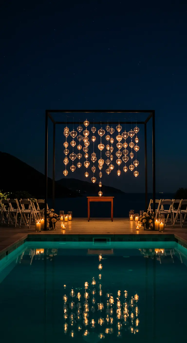 Altar de boda nocturno junto a una piscina con corazones de cristal iluminados colgando.