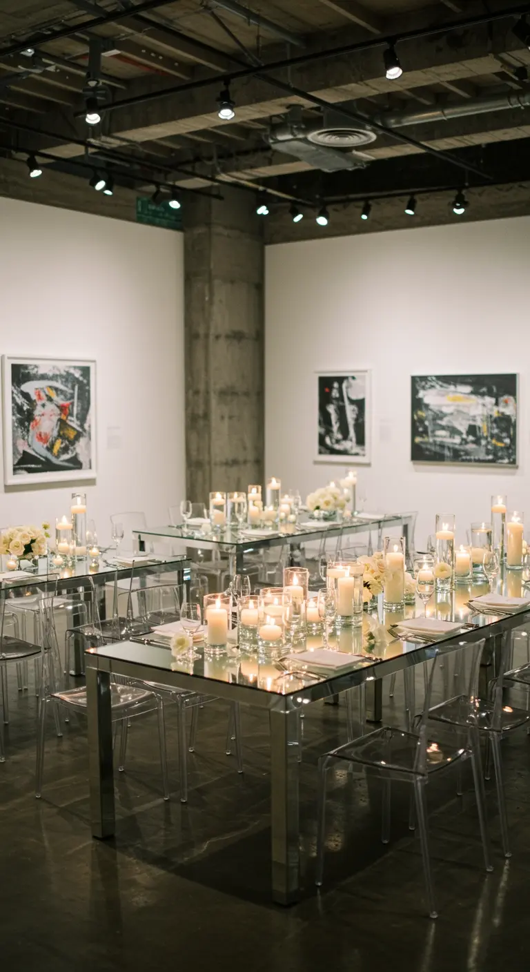 Mesas con espejo en una galería de arte, con velas blancas y sillas transparentes.