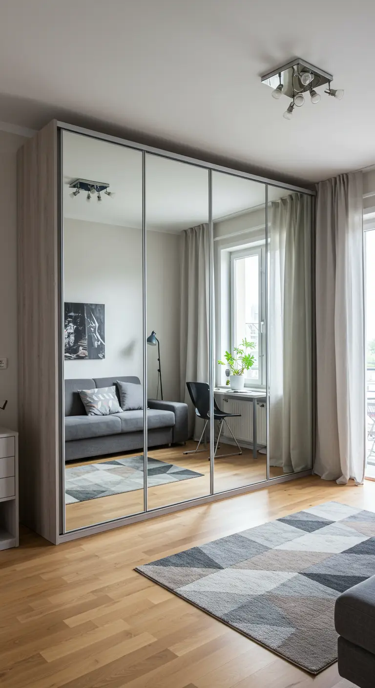 Armario con puertas de espejo que esconde una zona de trabajo junto a la ventana.