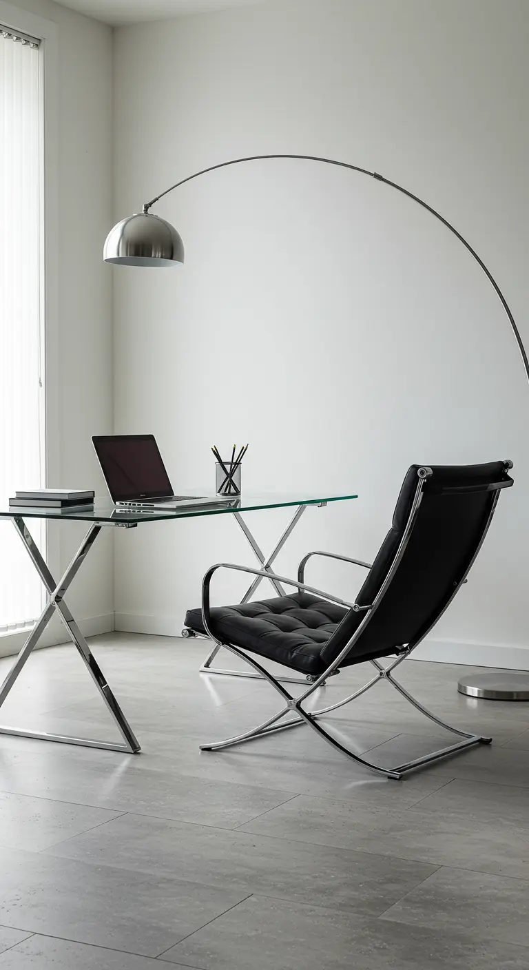 Oficina moderna con escritorio de cristal y cromo, silla de diseño negra y lámpara de arco.