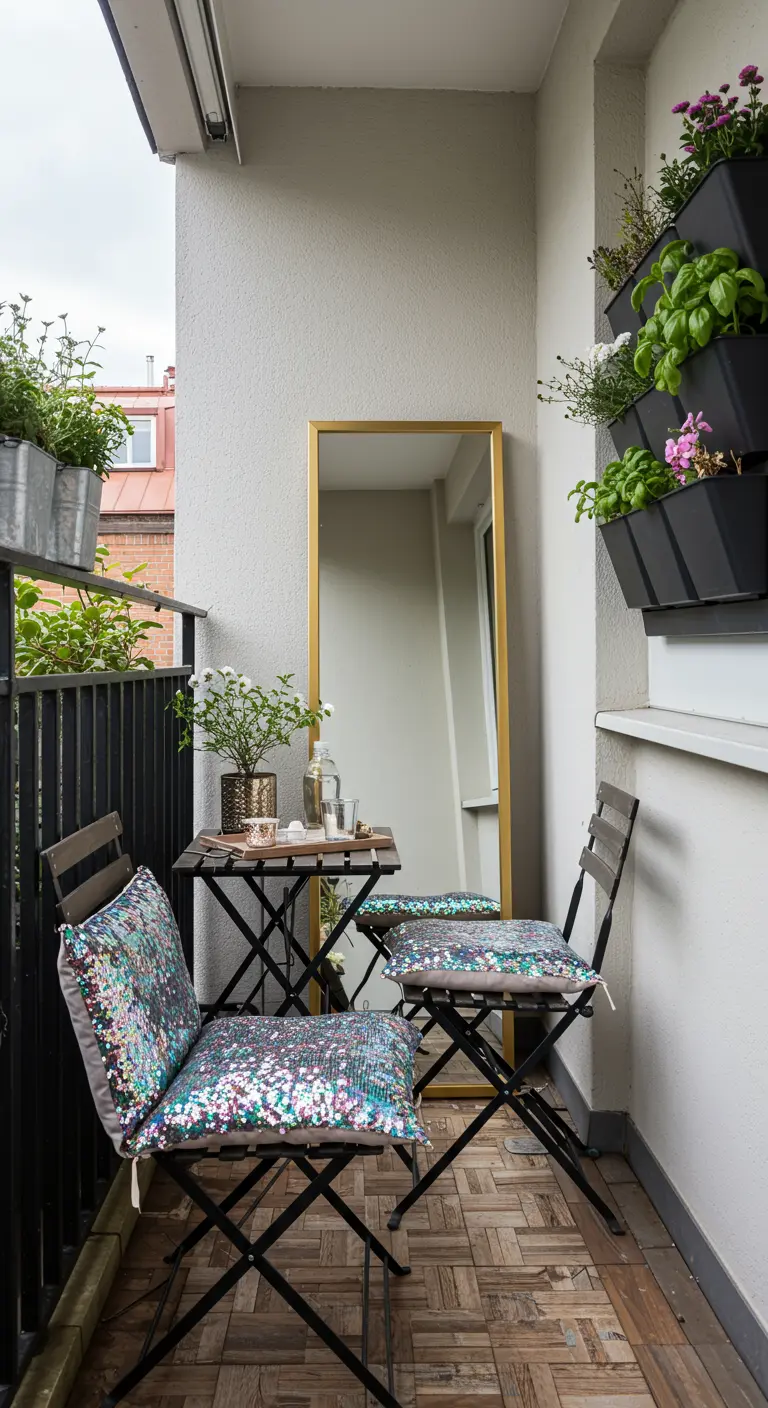 Balcón pequeño con espejo alto, sillas plegables con cojines de lentejuelas y un jardín vertical.