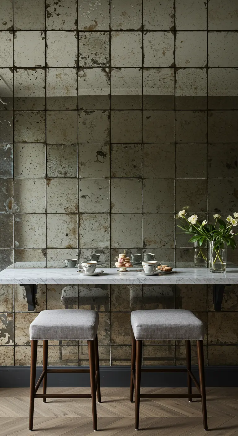Barra de desayuno con pared de azulejos de espejo envejecido y taburetes tapizados.