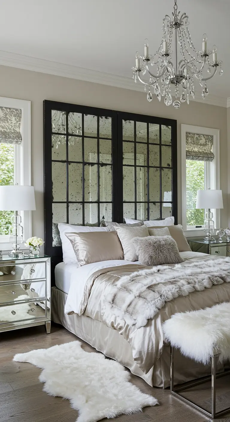 Cabecero de cama de lujo hecho con puertas francesas negras cuyos paneles son espejos envejecidos.