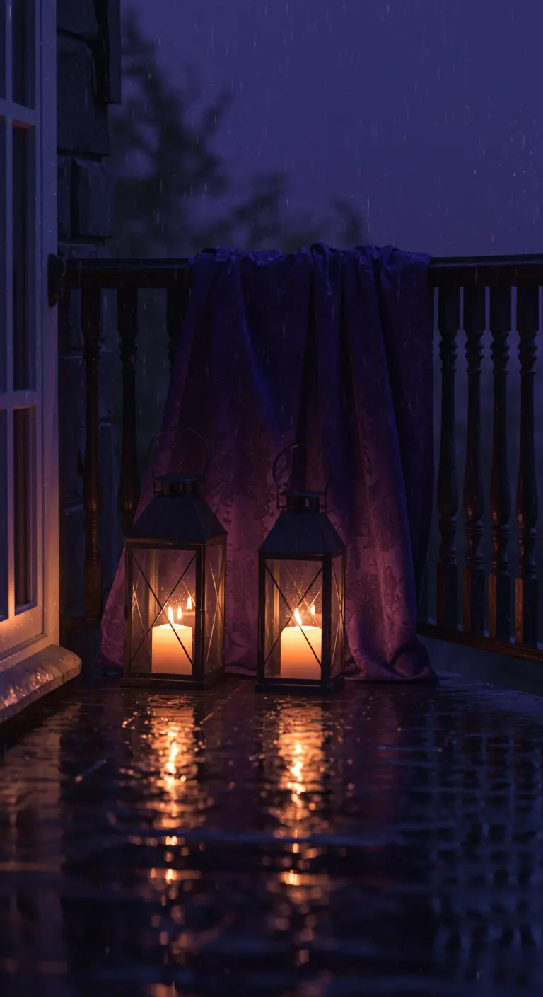 Balcón mojado por la lluvia con dos faroles encendidos y una tela morada.