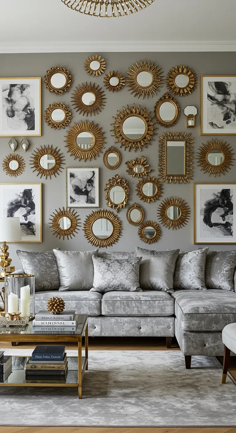 Pared de galería glamurosa con una colección de espejos sol dorados y arte abstracto