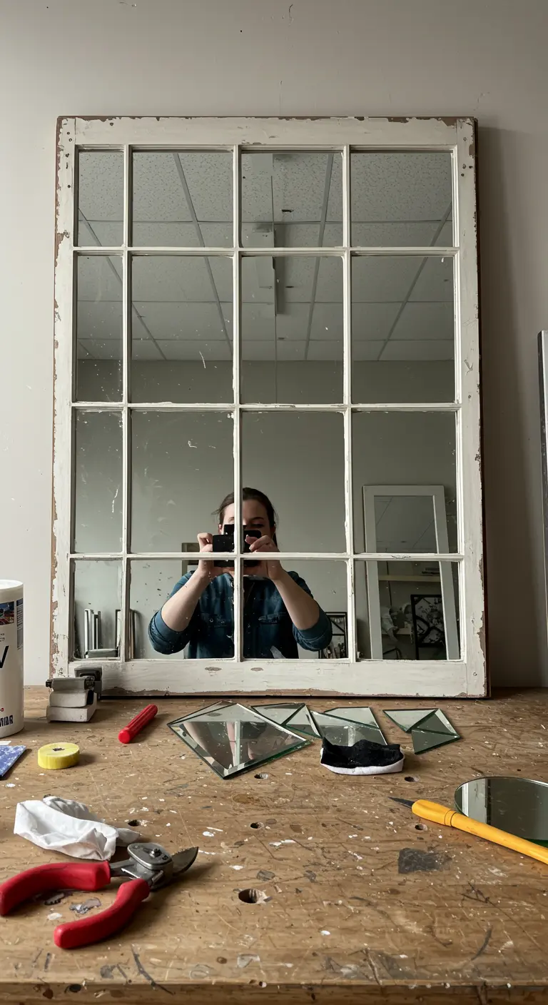 Ventana antigua convertida en un espejo de múltiples paneles, con una persona reflejada.