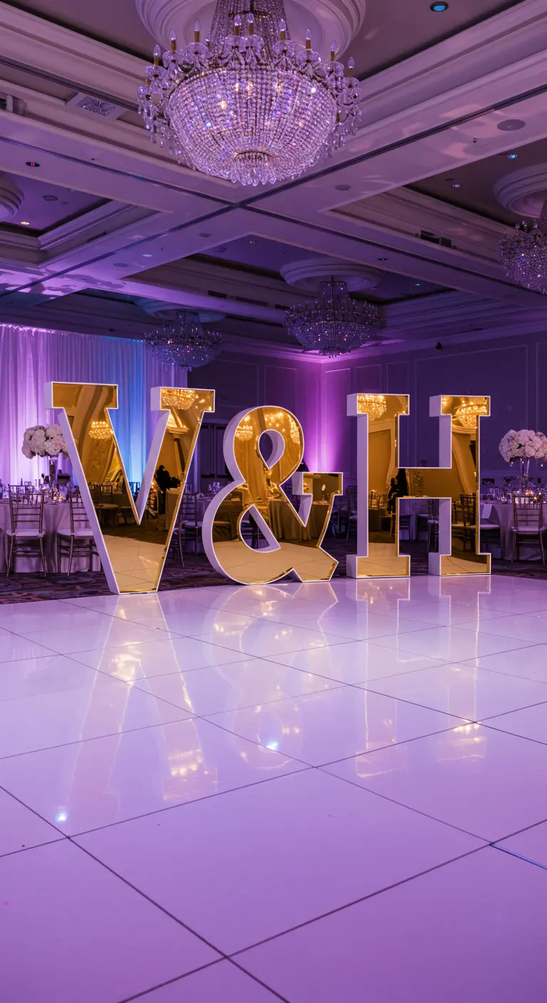 Iniciales 'V & H' gigantes con un acabado de espejo dorado reflectante en una pista de baile.