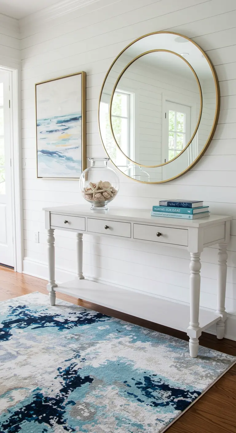 Recibidor con consola blanca, espejo redondo dorado y alfombra con estampado azul abstracto.