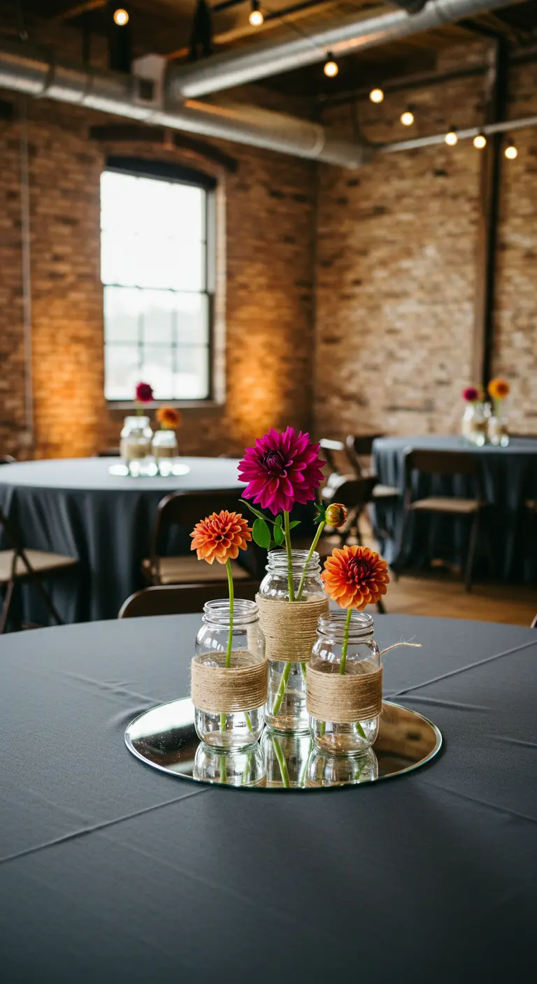 Centros de mesa con dalias en tarros de cristal sobre una base de espejo en un loft.