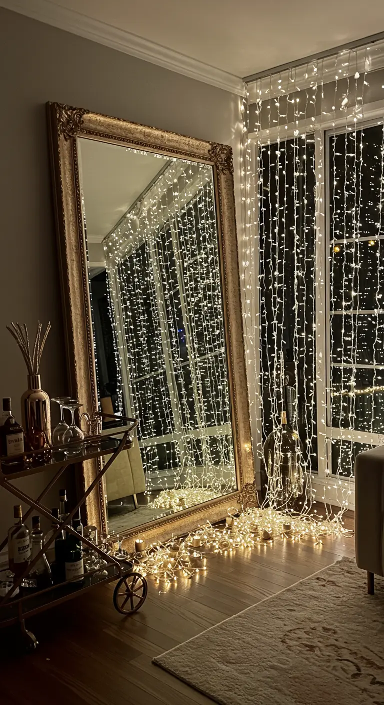 Gran espejo con marco dorado que refleja una cascada de luces de hadas, creando una ilusión de profundidad.