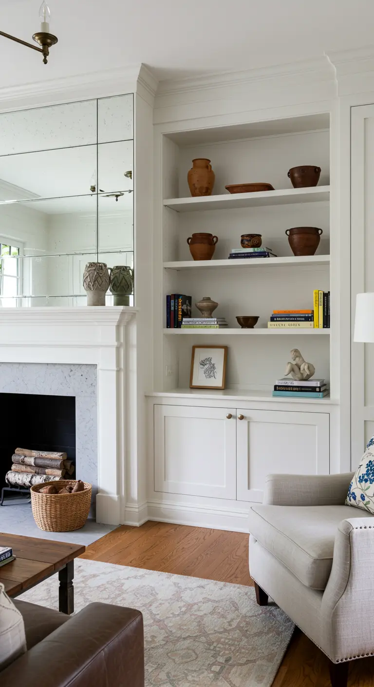 Espejos panelados integrados sobre una chimenea blanca junto a estanterías empotradas