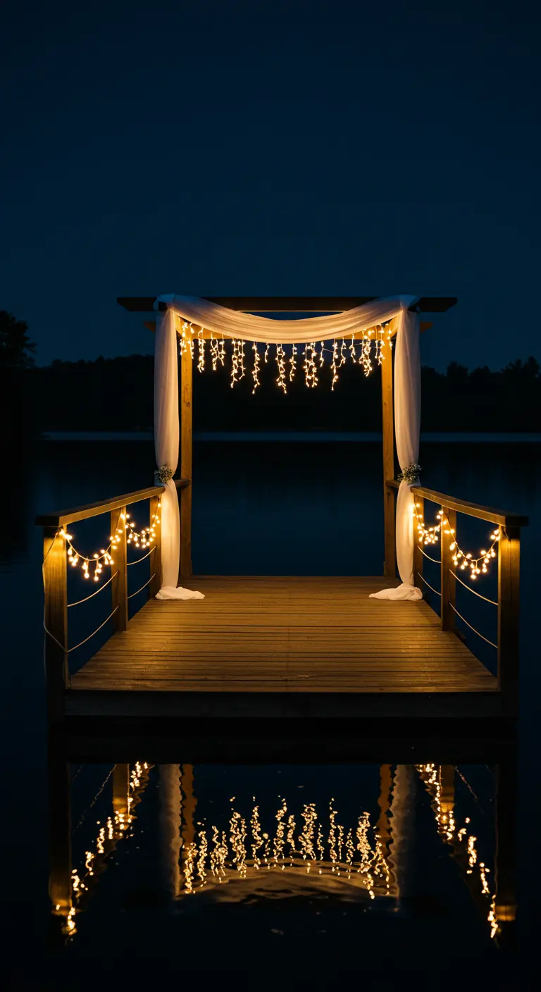 Altar de boda en un muelle de madera decorado con luces y tela blanca por la noche.