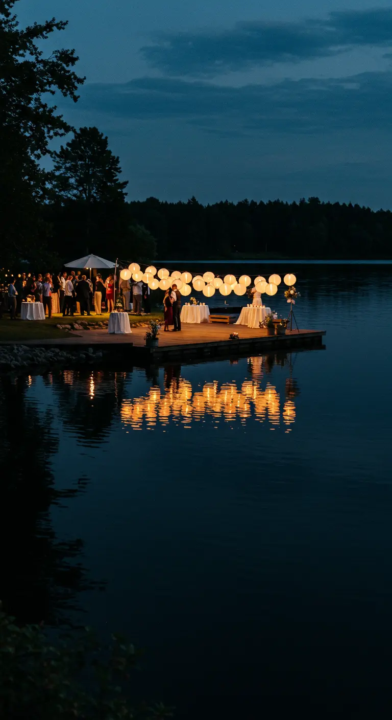 Muelle de boda junto a un lago con una fila de lámparas de papel iluminadas.