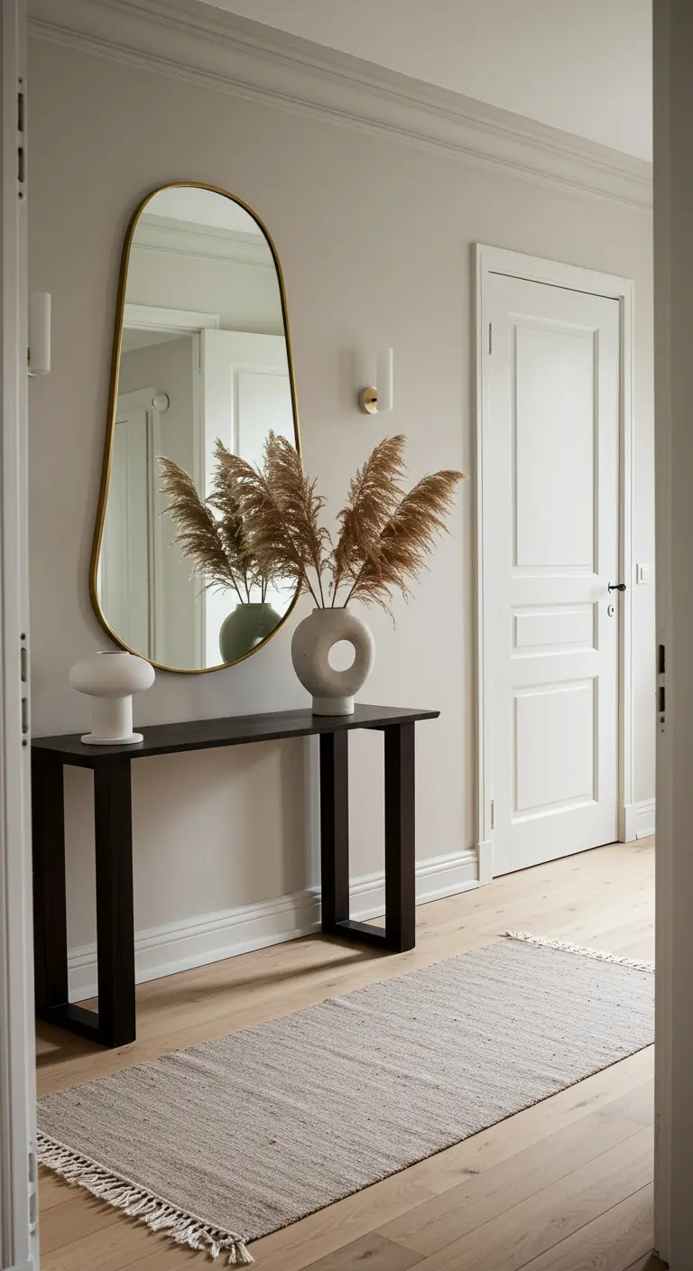 Recibidor con consola negra, espejo de forma orgánica y jarrón con hierba de la pampa