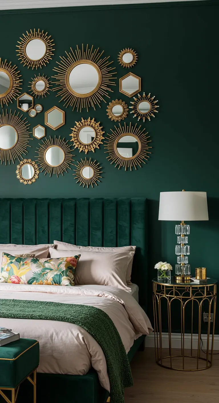 Pared verde oscuro decorada con una colección de espejos dorados en forma de sol.