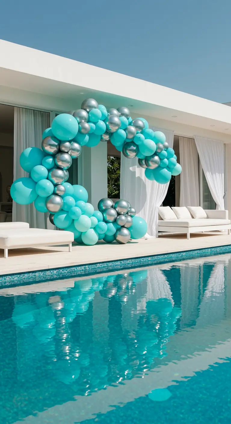 Arco de globos turquesa y plata junto a una piscina moderna.