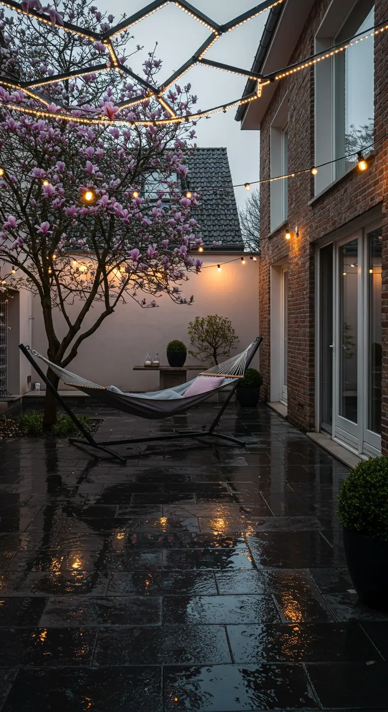 Patio moderno con suelo mojado, hamaca en soporte y luces geométricas.
