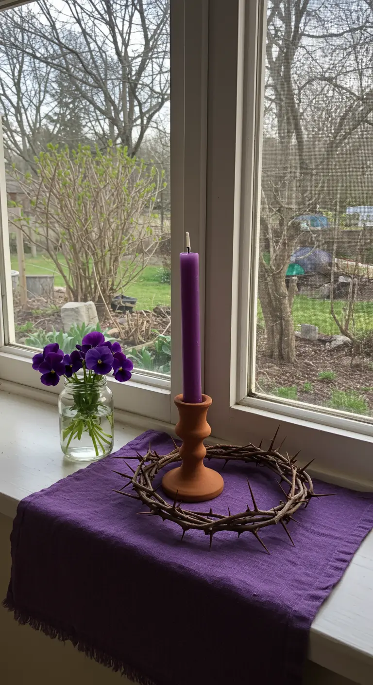 Alféizar con tela morada, corona de espinas, vela morada y pensamientos en un frasco.