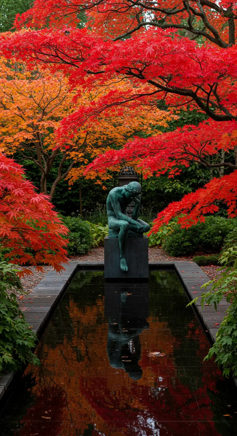 Escultura de un pensador junto a un estanque oscuro que refleja los colores de los arces en otoño.