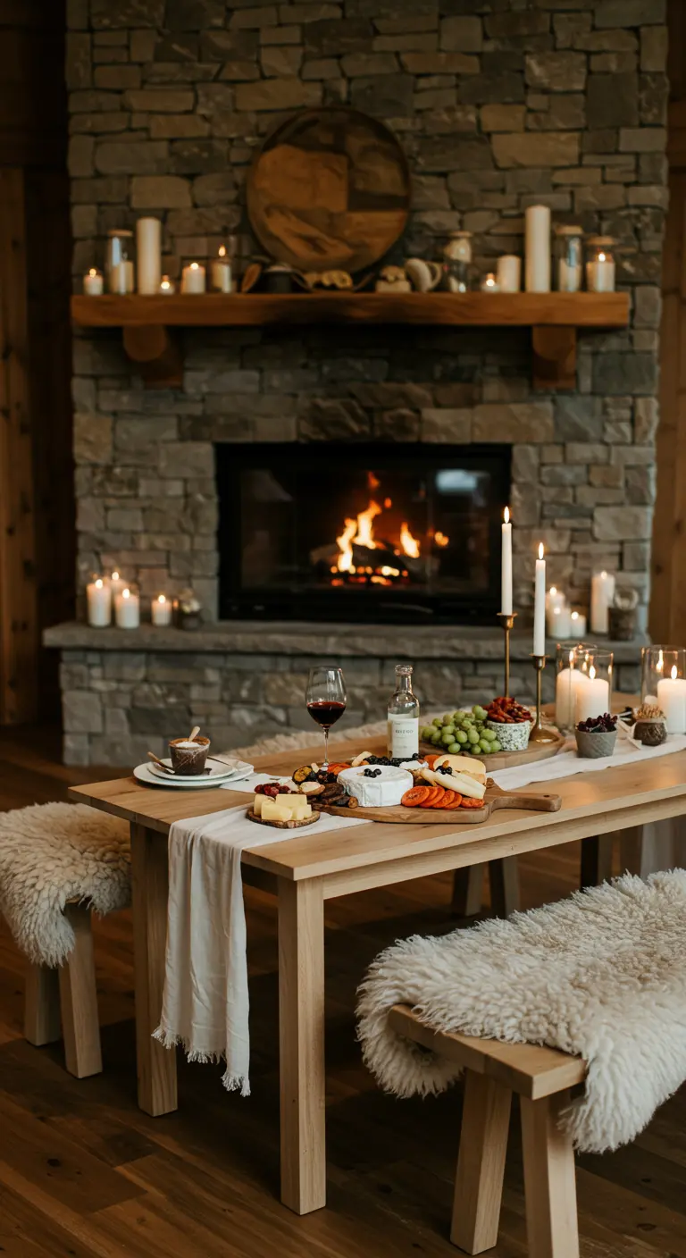 Mesa de quesos y vino frente a una chimenea de piedra encendida.