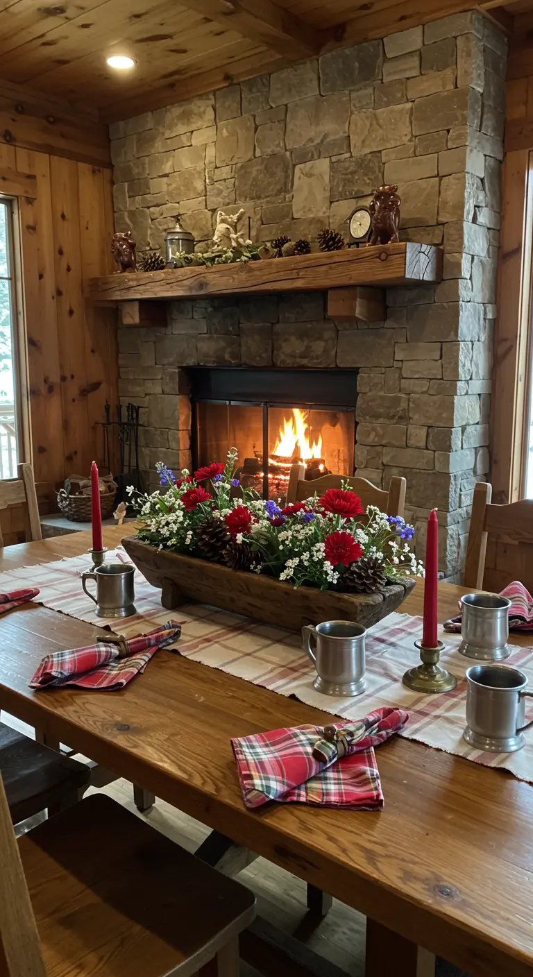 Centro de mesa rústico en un recipiente de madera con flores y piñas frente a una chimenea.