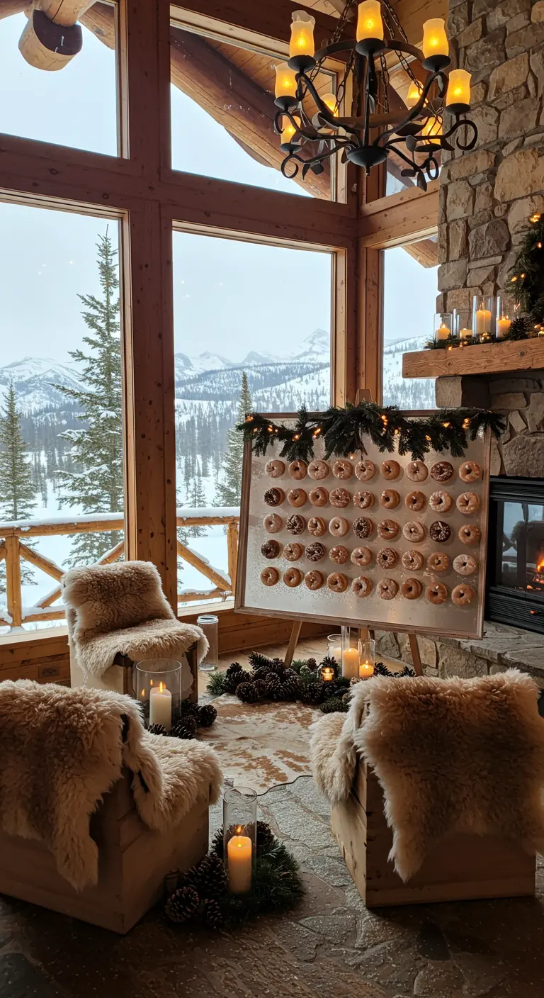 Pared de donuts en un caballete junto a una chimenea en una acogedora cabaña de invierno.