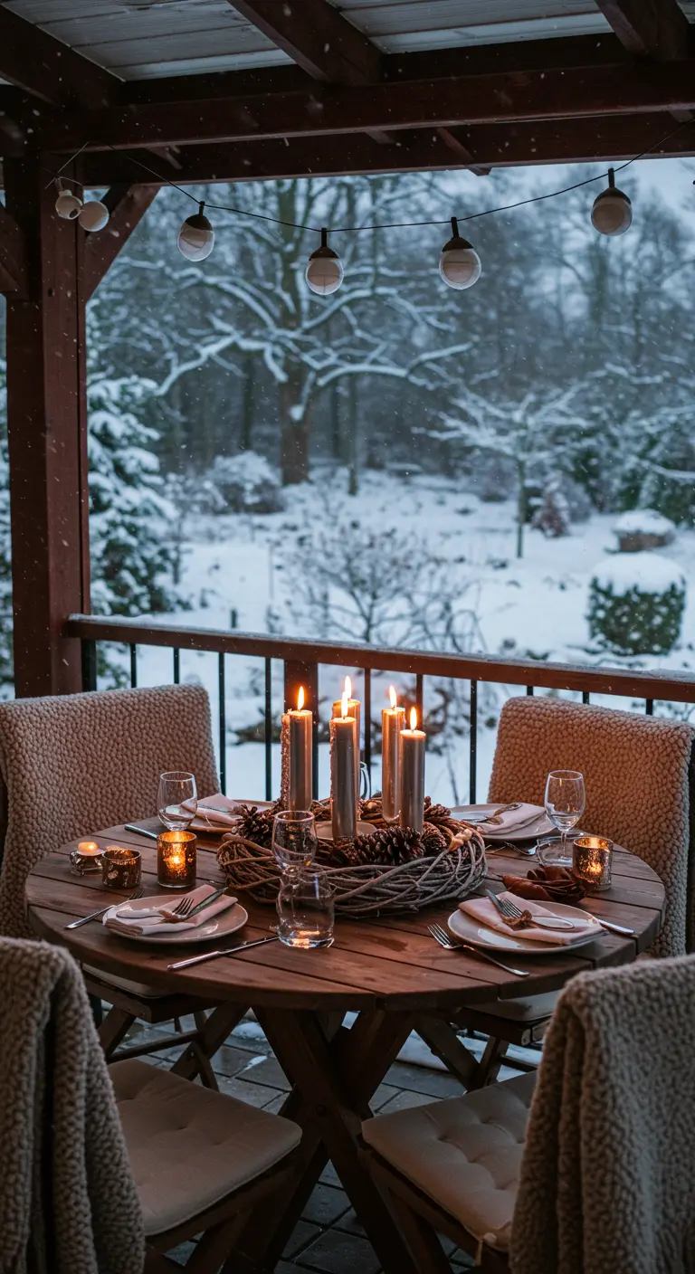 Mesa redonda en un porche nevado con un centro de mesa de corona de mimbre y velas.