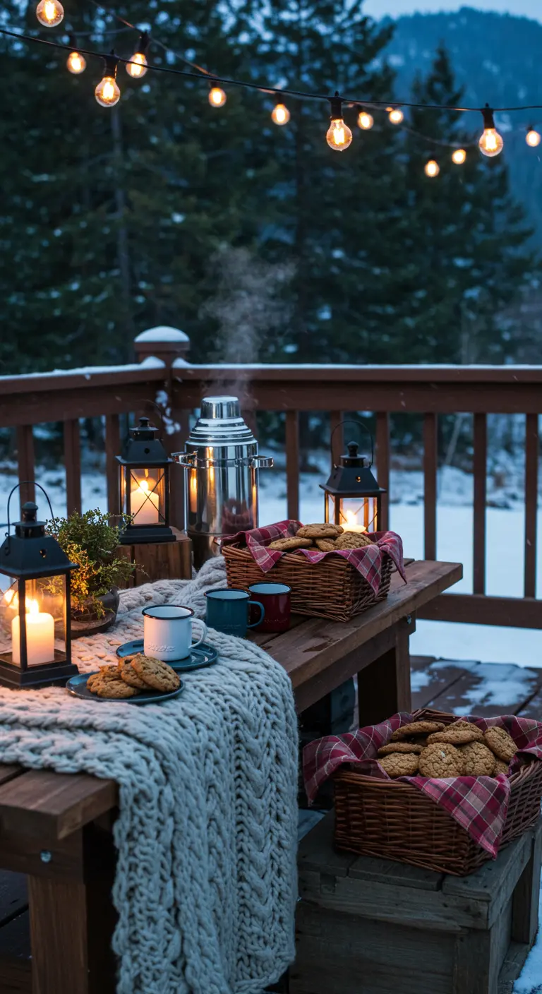 Mesa de postres en un porche nevado, iluminada con guirnaldas de luces y farolillos.