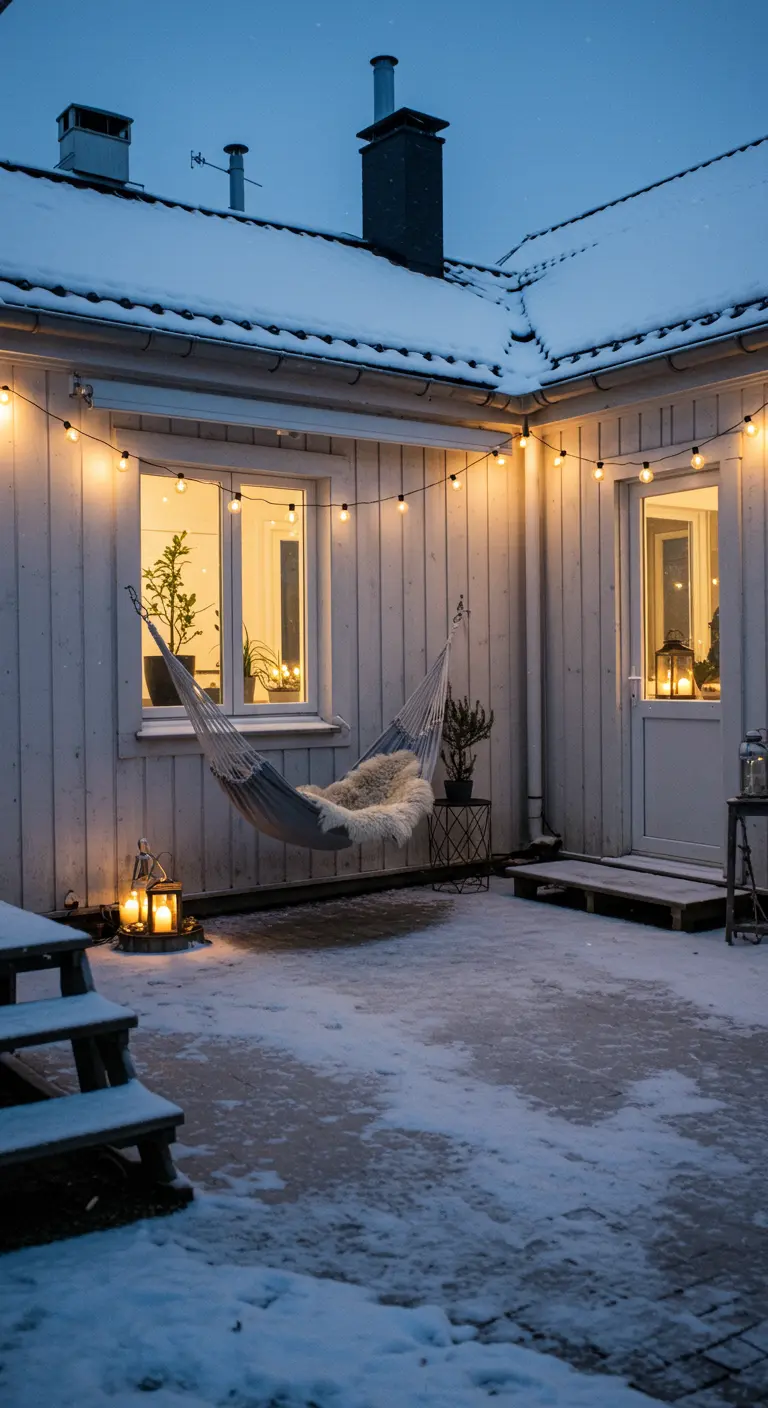 Patio nevado con hamaca, manta de pelo, farolillos y luces de bombilla.