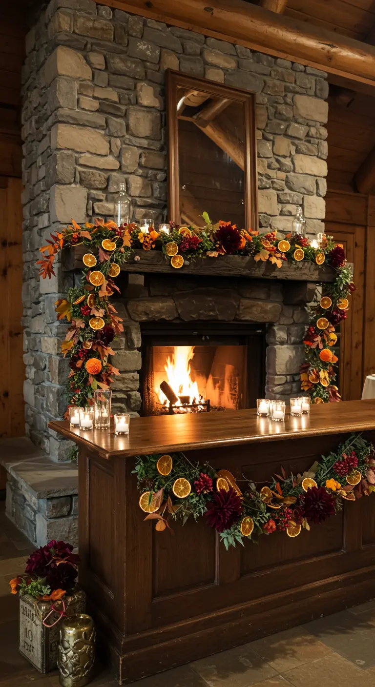 Barra de madera frente a una chimenea de piedra, ambas decoradas con una guirnalda de otoño.