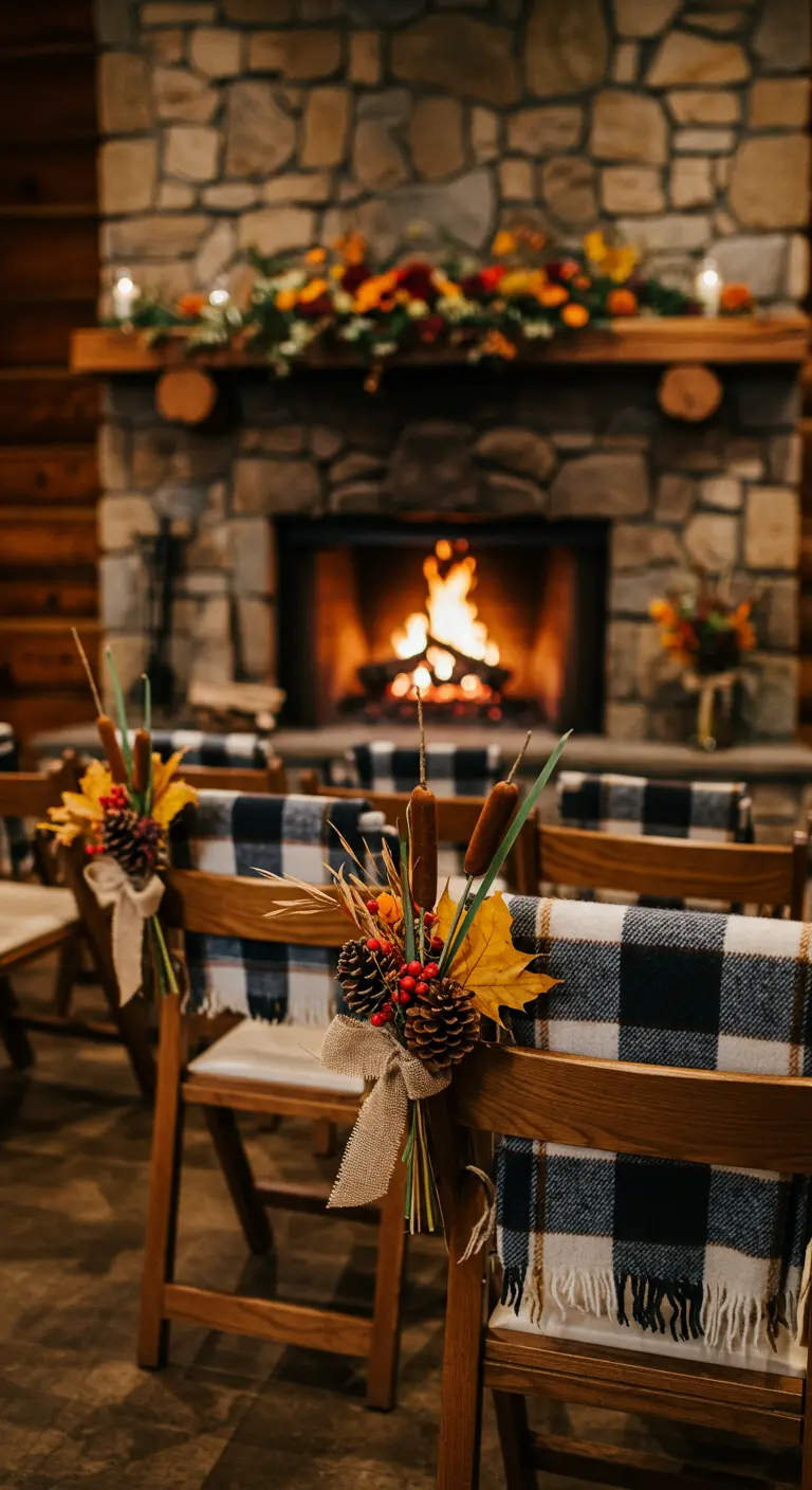 Sillas de madera con mantas de cuadros y arreglos de otoño junto a una chimenea.