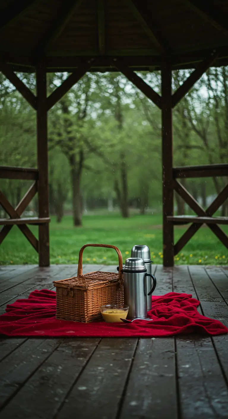 Picnic en el suelo de madera de un cenador en un día lluvioso.