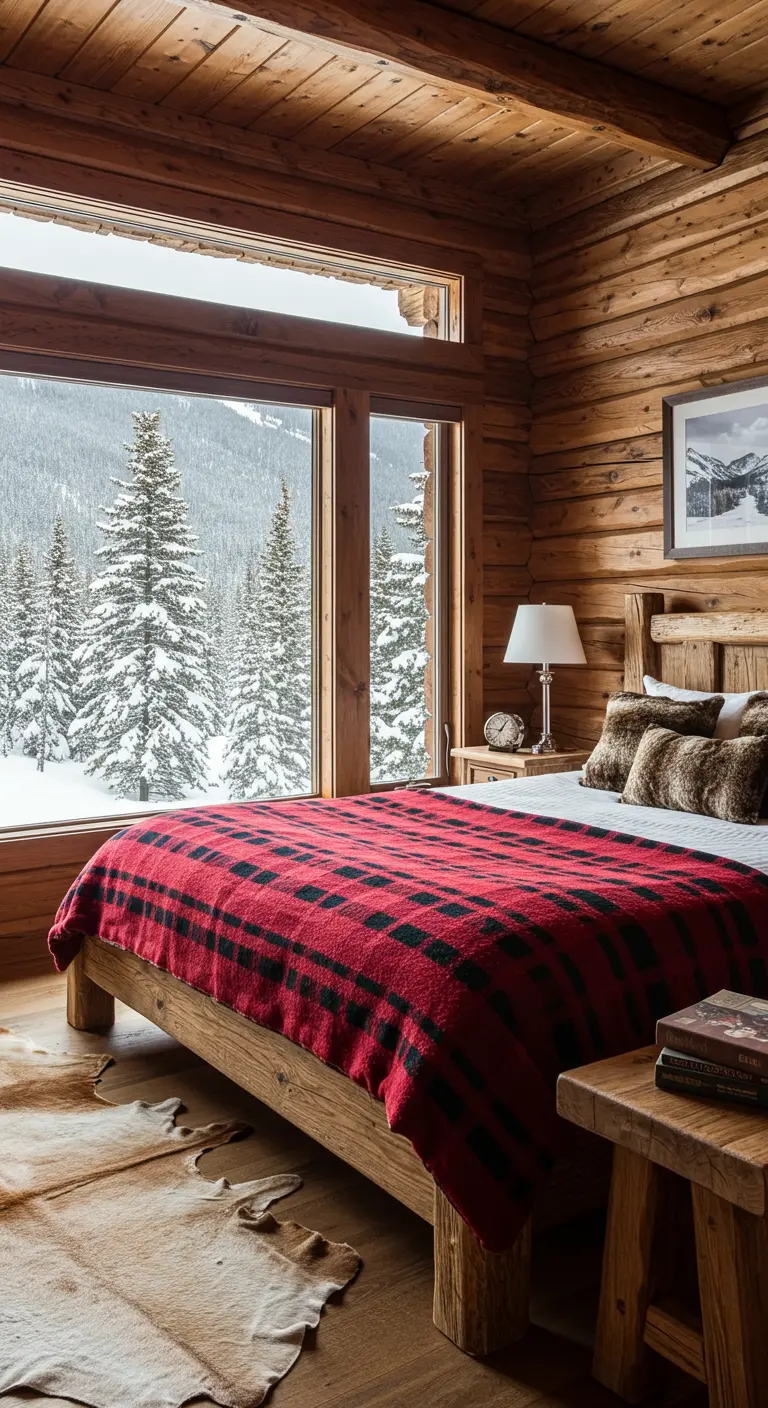 Dormitorio rústico en una cabaña de madera con una manta de cuadros rojos y vistas a un paisaje nevado.