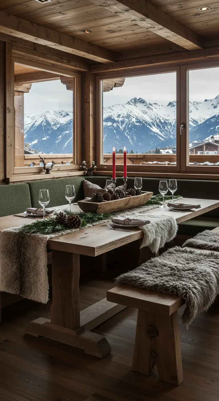 Mesa de madera en un chalet de montaña con bancos cubiertos de piel y un centro de mesa de piñas.