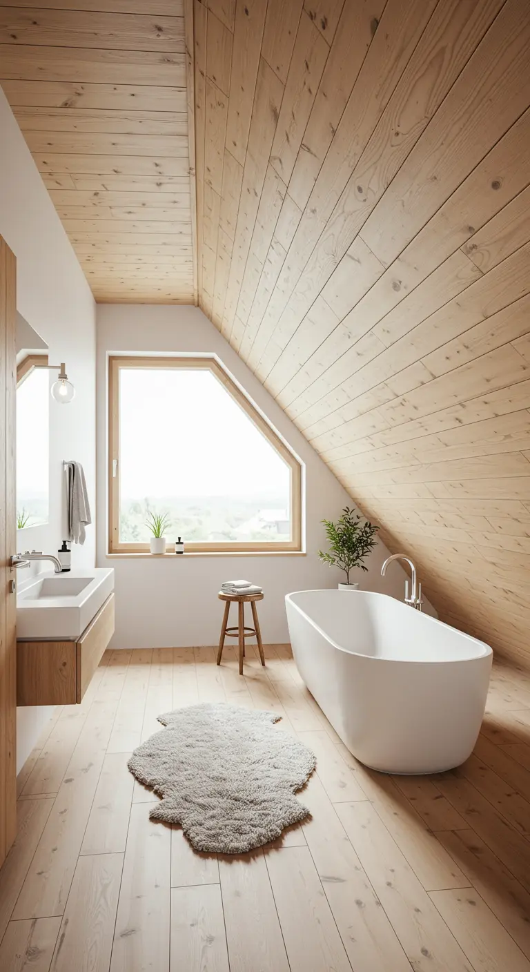 Baño abuhardillado totalmente revestido de madera con una gran ventana y una alfombra de piel.