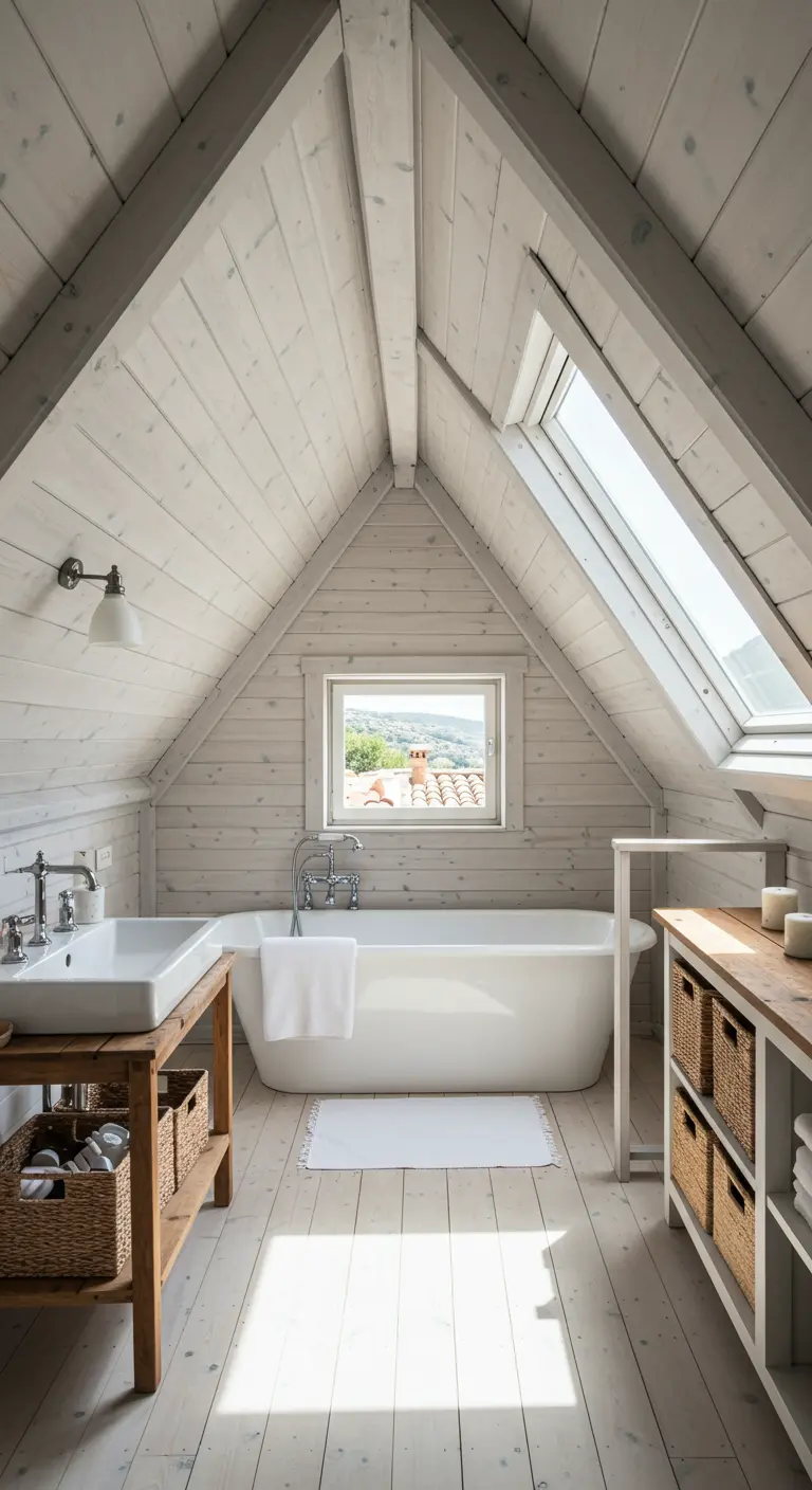 Baño en un ático con paredes y techo de madera blanca, bañera y mucha luz natural.