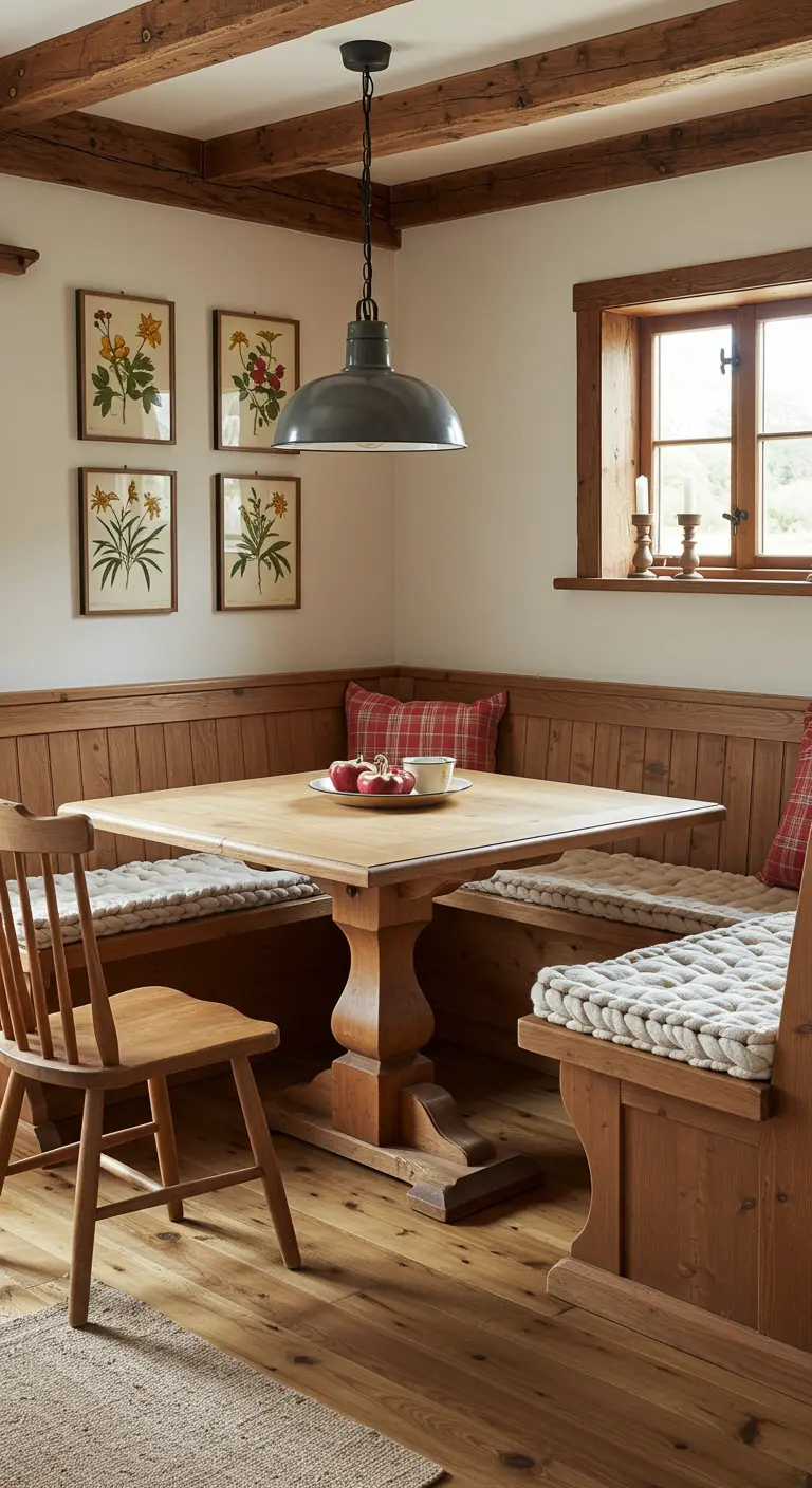 Comedor rústico de madera con banco esquinero, cojines de cuadros y vigas en el techo.